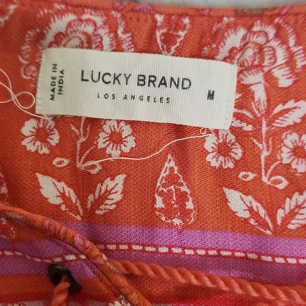 Lucky Brand Boho Peasant Top Orange Floral Embroidered Lace-Up Tassel Blouse